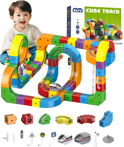 Juego de tren eléctrico con riel de succión magnética, pista de carreras flexible mágica 3D, 123 piezas de bloques de pista de carreras con