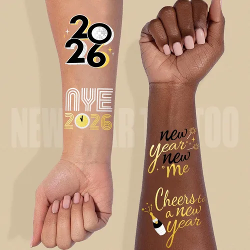 Miniatura 3 de Suministros para fiestas de Año Nuevo 2026 – 40 diseños de tatuajes temporales con purpurina, tatuajes metálicos negros/dorados Decoraciones