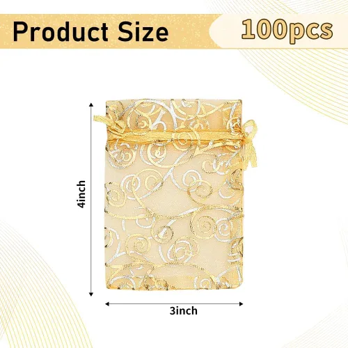 Miniatura 2 de Bolsas de organza doradas, 100 bolsas de organza transparente, bolsa de malla dorada con cordón de 3 x 4 pulgadas, bolsas de regalo impresas