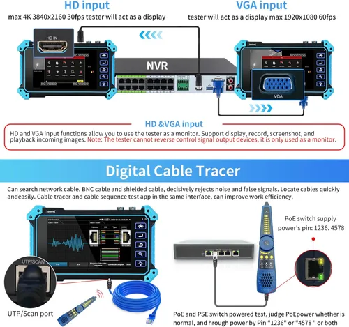 Miniatura 6 de Rsrteng Probador de cámara IP con trazador de cables, IPC-5200C Plus 8MP AHD CVI TVI SDI CVBS Prueba de cámara IP 4K HD Monitor de video 5 pulgadas