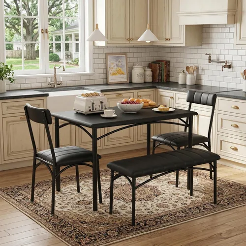Miniatura 2 de IDEALHOUSE Juego de mesa de comedor para 4, mesa de cocina con sillas para 4, mesa de comedor rectangular de madera con banco tapizado para espacios