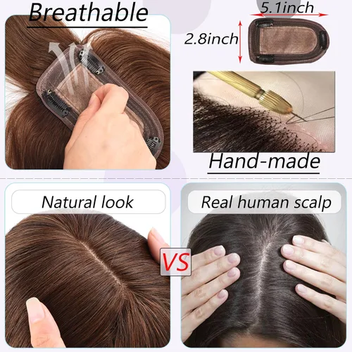 Miniatura 5 de Toppers para el cabello para mujeres con cabello delgado, base de seda real con flequillo, toppers para mujer, con clip en el cabello para mujer