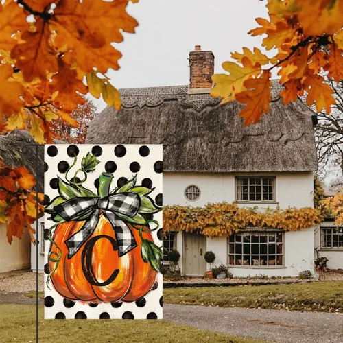 Miniatura 3 de AVOIN colorlife Bandera de jardín con monograma de otoño con letra C, diseño de calabaza, con diseño de lunares, 12 x 18 pulgadas, doble cara