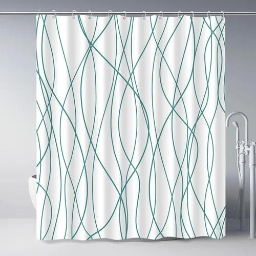 Miniatura 35 de Juego de cortinas de ducha azul egeo para baño con ganchos, cortinas de baño decorativas repelentes al agua y lavables con rayas blancas, 72 x 72