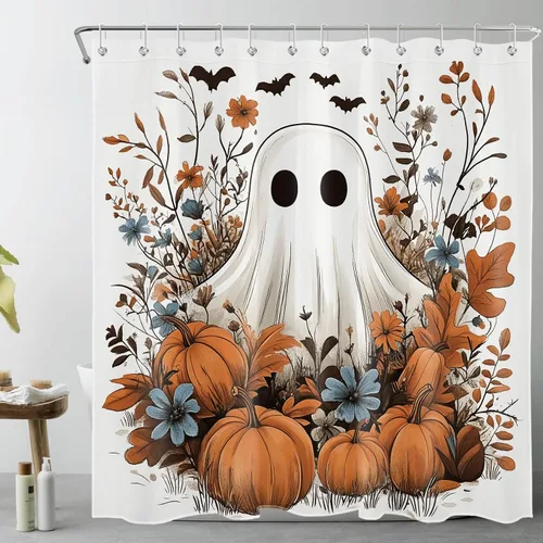 Miniatura 17 de LB Cortina de ducha pequeña de fantasma de Halloween de 48 x 68 pulgadas, forro de cortina de ducha de tamaño medio floral naranja, divertidas