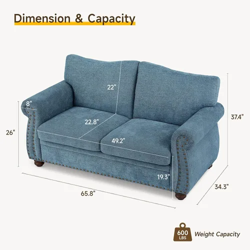 Miniatura 2 de ONBRILL Sofá Nailhead, sofá pequeño de 66 pulgadas con brazos enrollados, sofá biplaza de tela de felpilla con cojín de asiento con resortes, Verde