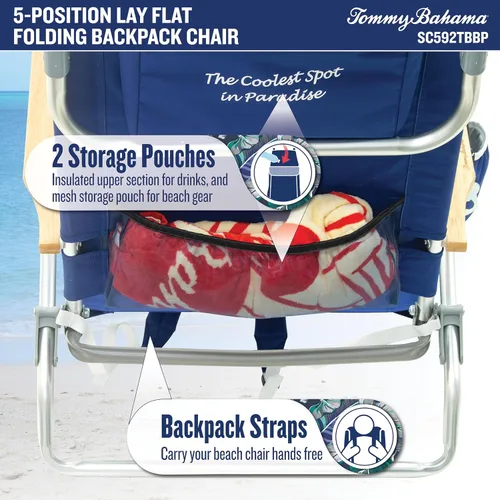 Miniatura 7 de Tommy Bahama - Silla plegable clásica para playa con 5 posiciones y mochila, rayas azules y verdes, 23 x 25.25 x 31.5 pulgadas