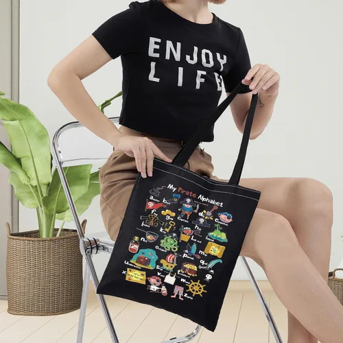 Miniatura 7 de LEVLO Pirate Life - Bolsa de lona con texto en inglés "Pirate Life", regalo inspirado en la cita de pirata, bolso de hombro con alfabeto A-Z