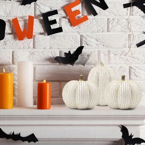 Miniatura 3 de 3 piezas de calabazas de resina de Acción de Gracias, figuras de calabaza de otoño blancas y doradas, calabazas grandes de resina para el hogar