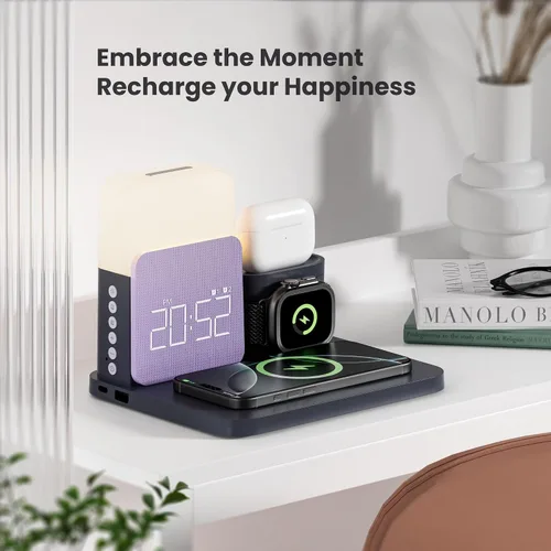 Miniatura 7 de Estación de carga inalámbrica 7 en 1, reloj despertador con cargador inalámbrico para dormitorios, cargador magnético con luz nocturna y reloj