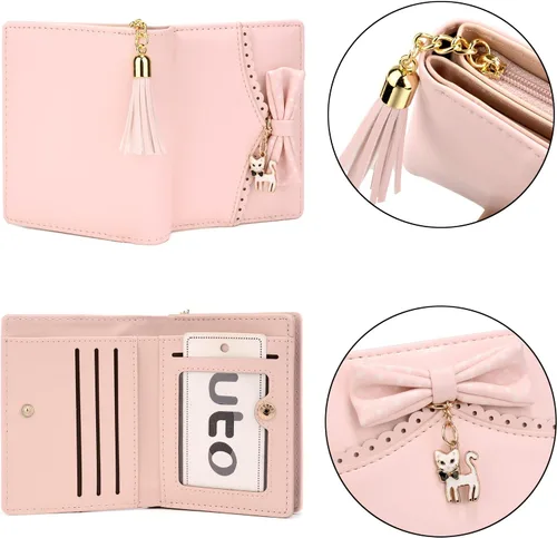 Miniatura 4 de UTO Cartera para niñas de piel sintética con colgante de gato con borla y cremallera, organizador de tarjetas para mujer, pequeño y lindo monedero