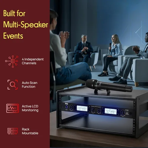 Miniatura 3 de Pyle Sistema de micrófono inalámbrico UHF de 4 canales con 2 micrófonos de mano, 2 Lavalier 2 auriculares y transmisores de cinturón, rango de 300