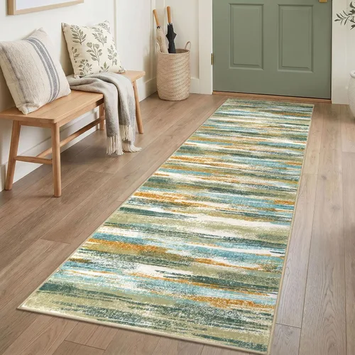 Miniatura 103 de Alfombra de pasillo moderna Lansny 2 x 6 pulgadas, alfombra de cocina lavable verde mostaza multicolor, alfombra antideslizante suave para pasillo