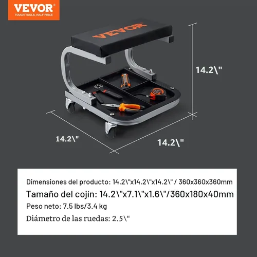 Miniatura 7 de VEVOR: asiento rodante tipo enredadera para garaje/taller, taburete rodante acolchado con capacidad de 250 libras con bandeja de almacenamiento