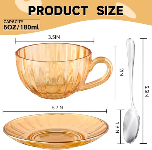 Miniatura 5 de Juego de 6 tazas de té y platillos de vidrio de GURUDAR, tazas de café de vidrio con cuchara de acero inoxidable, tazas aptas para lavavajillas