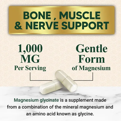 Miniatura 4 de Glicinato de magnesio 1000mg – Magnesio quelado para soporte de huesos, músculos, nervios y corazón, 500mg por cápsula para ultra absorción, soporte
