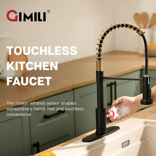 Miniatura 2 de GIMILI Grifo de cocina sin contacto negro y dorado con adaptador AC, grifo de fregadero de cocina manos libres con sensor de movimiento inteligente