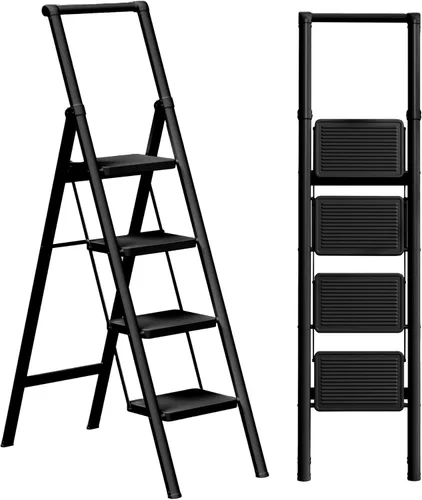 Escalera Plegable de Hierro de 4 Escalones Taburete Escalón con Antideslizante y Pedal Ancho para Uso en el Hogar y la Cocina Ahorro de Espacio Negro