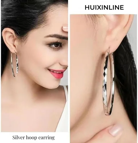 Miniatura 6 de Aretes de aro de plata de ley para mujer, 3 pares de arracadas grandes de plata chapada en oro blanco de 14 quilates, hipoalergénicos, ligeros