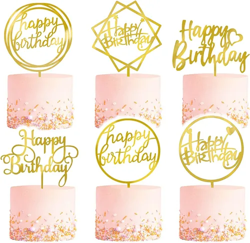 Juego de 6 adornos dorados para tartas, purpurina de doble cara, adornos acrílicos para cupcakes de feliz cumpleaños, decoraciones de cumpleaños