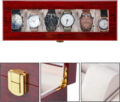 Miniatura 3 de Karamanda Caja de reloj de pintura de madera con 6 ranuras anchas, organizador de almacenamiento de reloj rojo cereza con parte superior de vidrio
