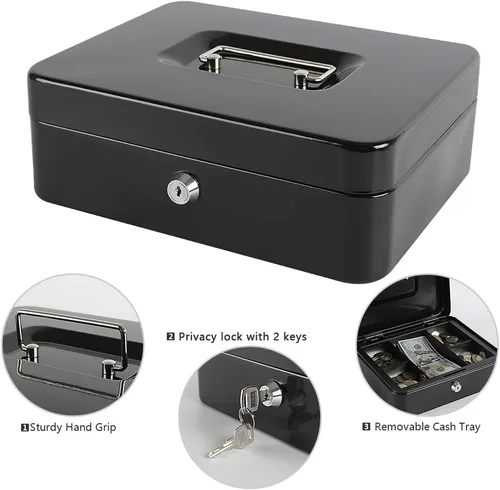 Miniatura 7 de xydled caja grande de acero con seguro con bandeja extraíble para monedas y cerradura de llave, 9.84" x 7.87" x 3.54", color negro
