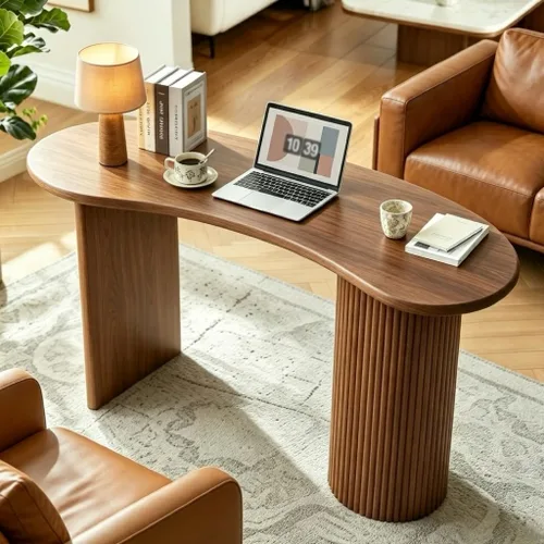 Miniatura 9 de LEVNARY Escritorio pequeño curvado de 54.3 pulgadas, escritorio ejecutivo de madera con patas estriadas resistentes, escritorio moderno de lujo