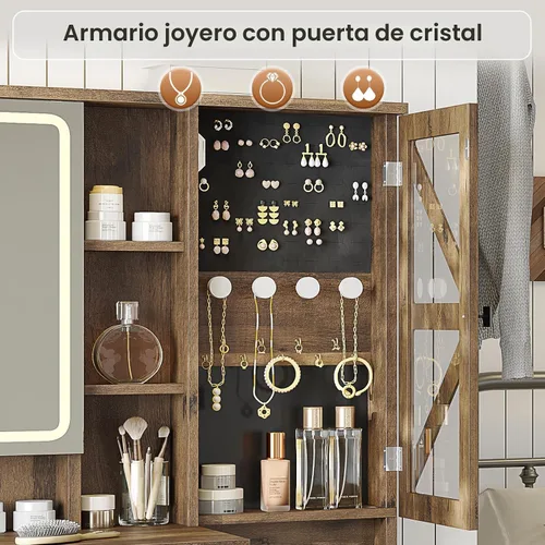 Miniatura 9 de AOGLLATI Escritorio de tocador de granja con espejo y luces, juego de tocador de maquillaje con luces, armario de joyería y 5 cajones, mesa