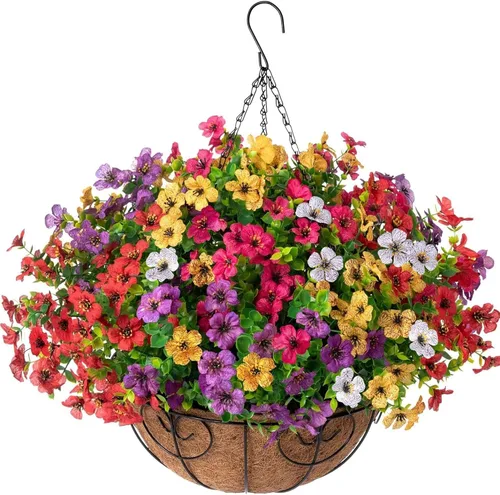 Miniatura 14 de HyeFlora Plantas Colgantes Artificiales Falsas con Flores y Cesta para Decoración Exterior, Arreglos Florales de Seda Sintética de Margaritas