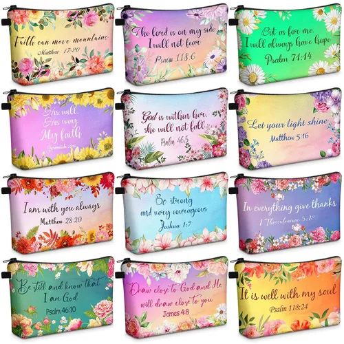 Miniatura 12 de Chunful 12 Piezas Regalos Cristianos Inspiradores Bolsas de Maquillaje Religiosas a Granel para Mujeres Bolsa de Cosméticos con Versículos Bíblicos