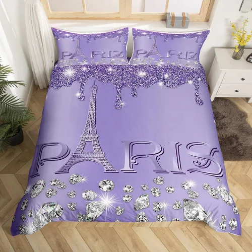 Miniatura 26 de Erosebridal Funda de edredón de la Torre Eiffel para niñas, juego de ropa de cama romántica de París azul, negro y blanco, funda de edredón