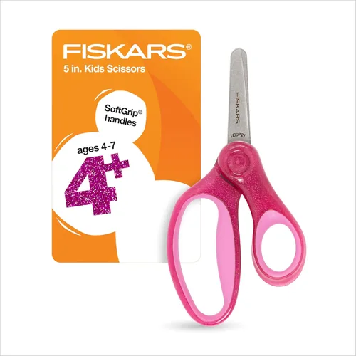Miniatura 13 de Fiskars Tijeras SoftGrip de punta roma de 5 pulgadas para niños de 4 a 7 años (paquete de 3), tijeras para la escuela o manualidades, suministros