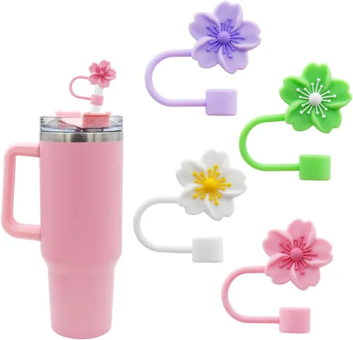 Tapa de silicona con flores para pajita de vaso Stanley, 10 mm 0.4 pulgadas, tapas reutilizables, regalo para decoración de fiesta 4 piezas flor de