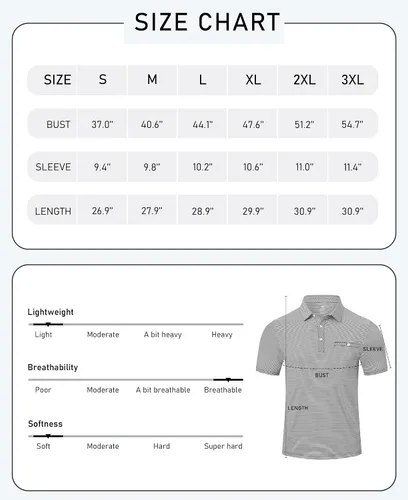 Miniatura 7 de MoFiz Polo de golf para hombre, ajuste seco, a rayas, de manga corta, absorbe la humedad, con bolsillo