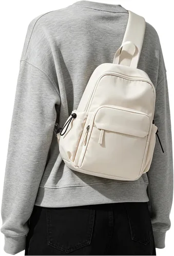 SEAFEW Small Beige Sling Backpack Travel Hiking Daypack, Crossbody Sling Bag with USB Charging Port for Men Women 3 Layer Pockets One Shoulder Bag