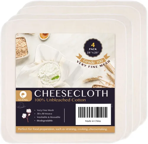 S.CENG Paño de queso precortado, 25 x 25 pulgadas, paquete de 4, grado 100, paño de queso ultra fino para colar y cocinar, paño de muselina de