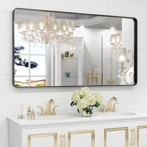 WEER Espejo de baño con marco de metal negro, espejo de tocador de baño negro de 55 x 30 pulgadas para sobre la pared del fregadero, espejo