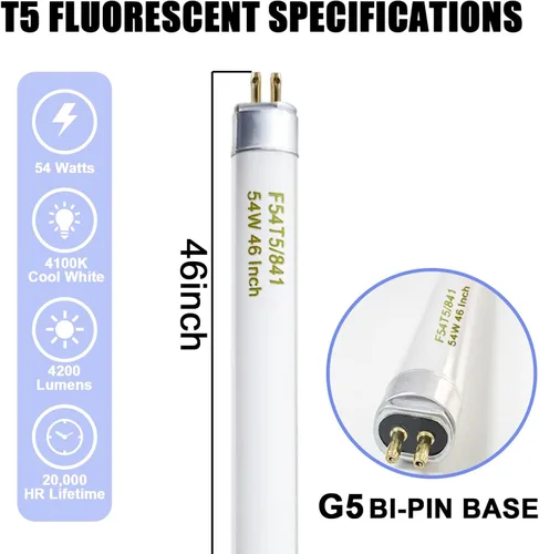 Miniatura 2 de Konideke F54T5/841/HO 54W T5 HO - Tubo de luz fluorescente T5 de 46 pulgadas, bombilla fluorescente de 54 W, F54T5/841/CW, 4100K blanco frío, 80