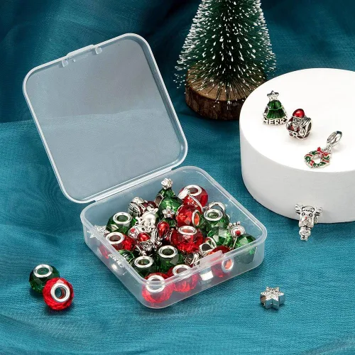 Miniatura 3 de KISSITTY Juego de 36 cuentas europeas de Navidad de 4 a 0.197 in, agujero grande de aleación y vidrio, rondelle facetado, surtido de cuentas