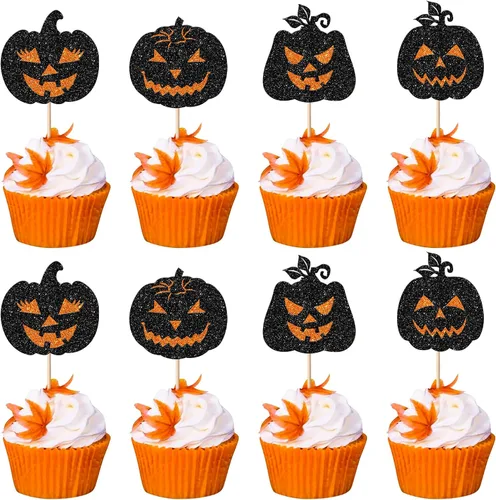 Miniatura 20 de Rsstarxi Paquete de 36 adornos para cupcakes de Halloween, murciélagos con purpurina, palitos de calabaza y calabazas, sombrero de bruja