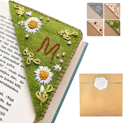 Miniatura 28 de Marcapáginas de esquina bordado a mano personalizado, 26 letras con costura a mano de fieltro, marcapáginas de esquina con bordado de flores lindo
