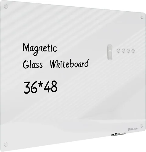 Pizarra magnética de vidrio – Pizarra de cristal de borrado en seco de 48 x 36 pulgadas, gran tablero de vidrio sin marco para paredes, oficina, Gris