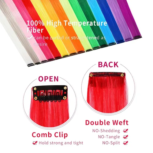 Miniatura 3 de 13 extensiones de cabello sintético con clip de colores de 20 pulgadas, multicolores, lacio, con clip, para mujer, para regalo, extensiones