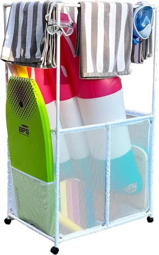 Miniatura 11 de Soporte para equipo de piscina con barras de secado de toallas, organizador de almacenamiento multiusos con ruedas de malla, colgador de toallas