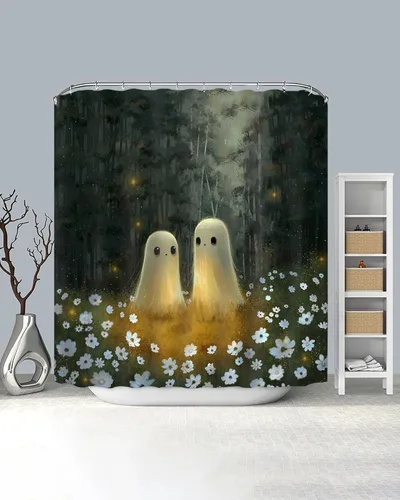 Miniatura 6 de Lindameler Cortina de ducha de Halloween de tela espeluznante, bonita cortina de baño de fantasma, decoración con 12 ganchos de 72 x 72 pulgadas