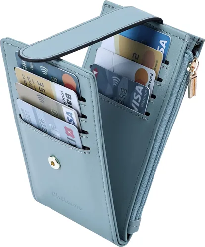 Miniatura 5 de Chelmon Billetera delgada para mujer, con bloqueo RFID, plegable, con bolsillo con cremallera, Azul, Minimalista