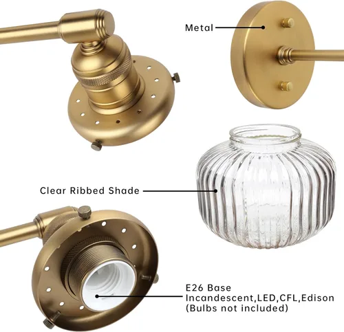 Miniatura 6 de 2 luces de pared industriales de vidrio, lámpara de pared de latón antiguo con pantalla de globo rayado transparente para tocador de baño