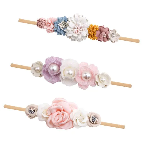 Miniatura 23 de cherrboll 3 diademas de flores para bebé, súper suaves y elásticas, de nailon, para recién nacidas Rosa (Rose Bloom)