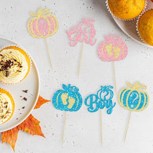Miniatura 3 de 24 adornos para cupcakes de calabaza para niños o niñas con purpurina para revelación de género, decoración para cupcakes de calabaza, pies