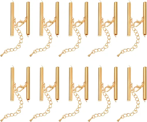 Miniatura 7 de uxcell 10 juegos de cierres deslizantes con cierres de pinza de langosta y cadena de extensión, extremos de cable deslizante de tubo de 0.394 Dorado